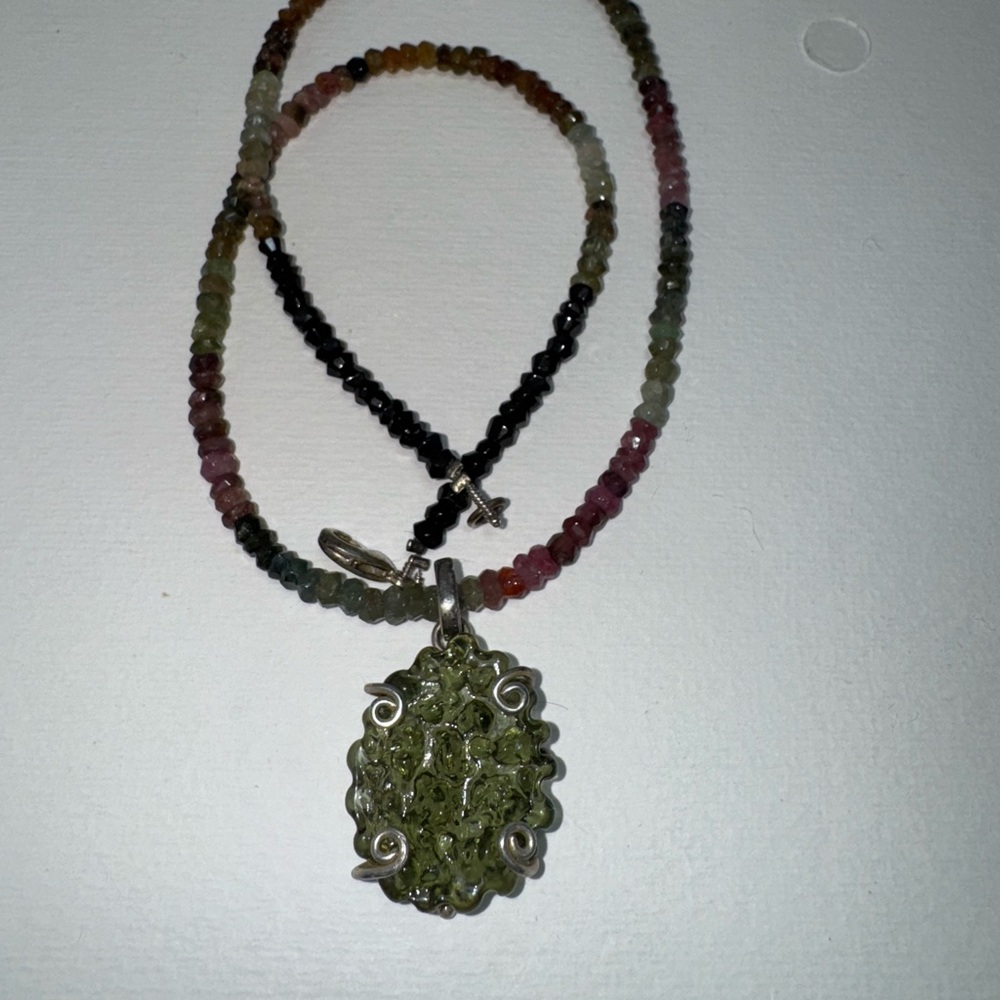 Elegant Green Moldavite Pendant, Tourmaline Necklace - Picture 2 of 2